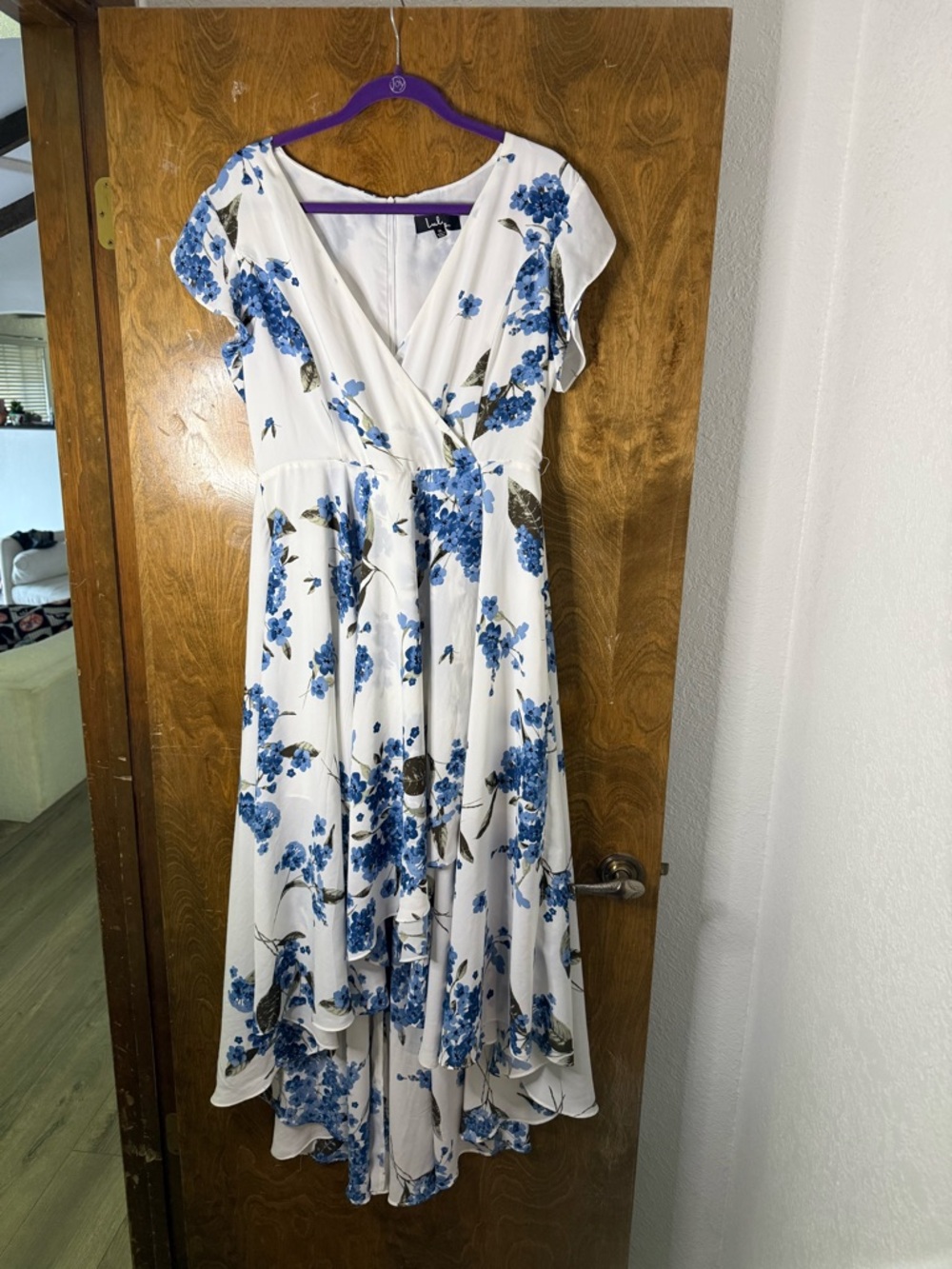 lulus athletica Floral Wrap Midi Dress in White with Blue Print